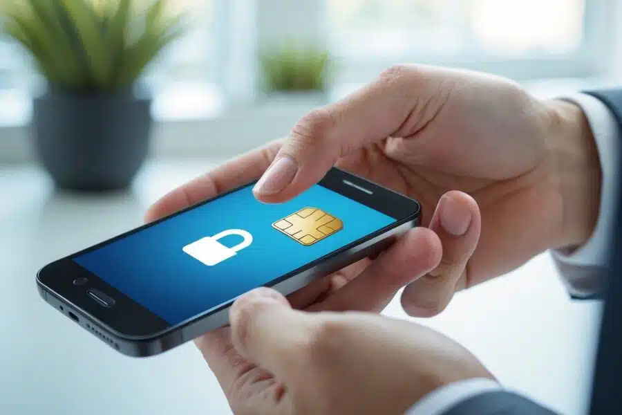 Mão segurando um smartphone com um chip parcialmente inserido, simbolizando o desbloqueio de um chip bloqueado.