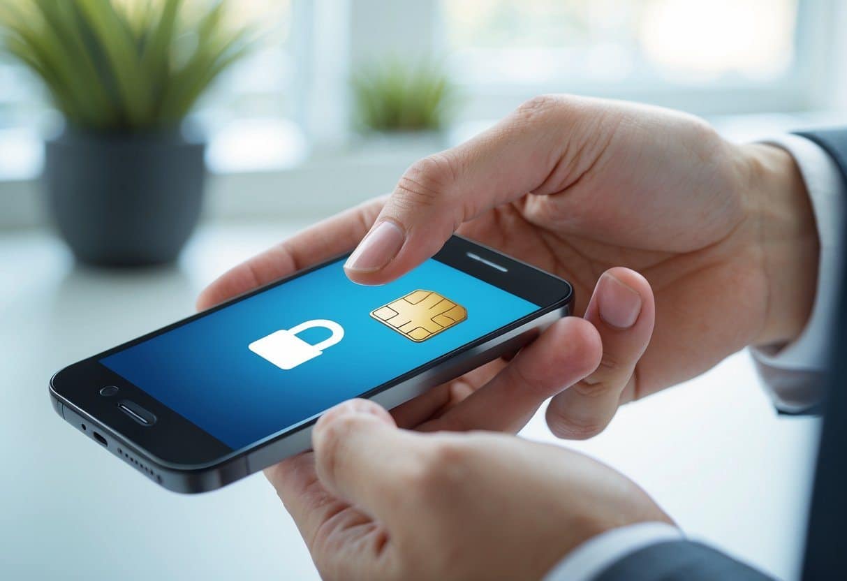 Mão segurando um smartphone com um chip parcialmente inserido, simbolizando o desbloqueio de um chip bloqueado.