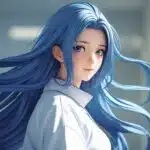 Personagem de anime com cabelo longo e expressão calma, em fundo neutro desfocado.
