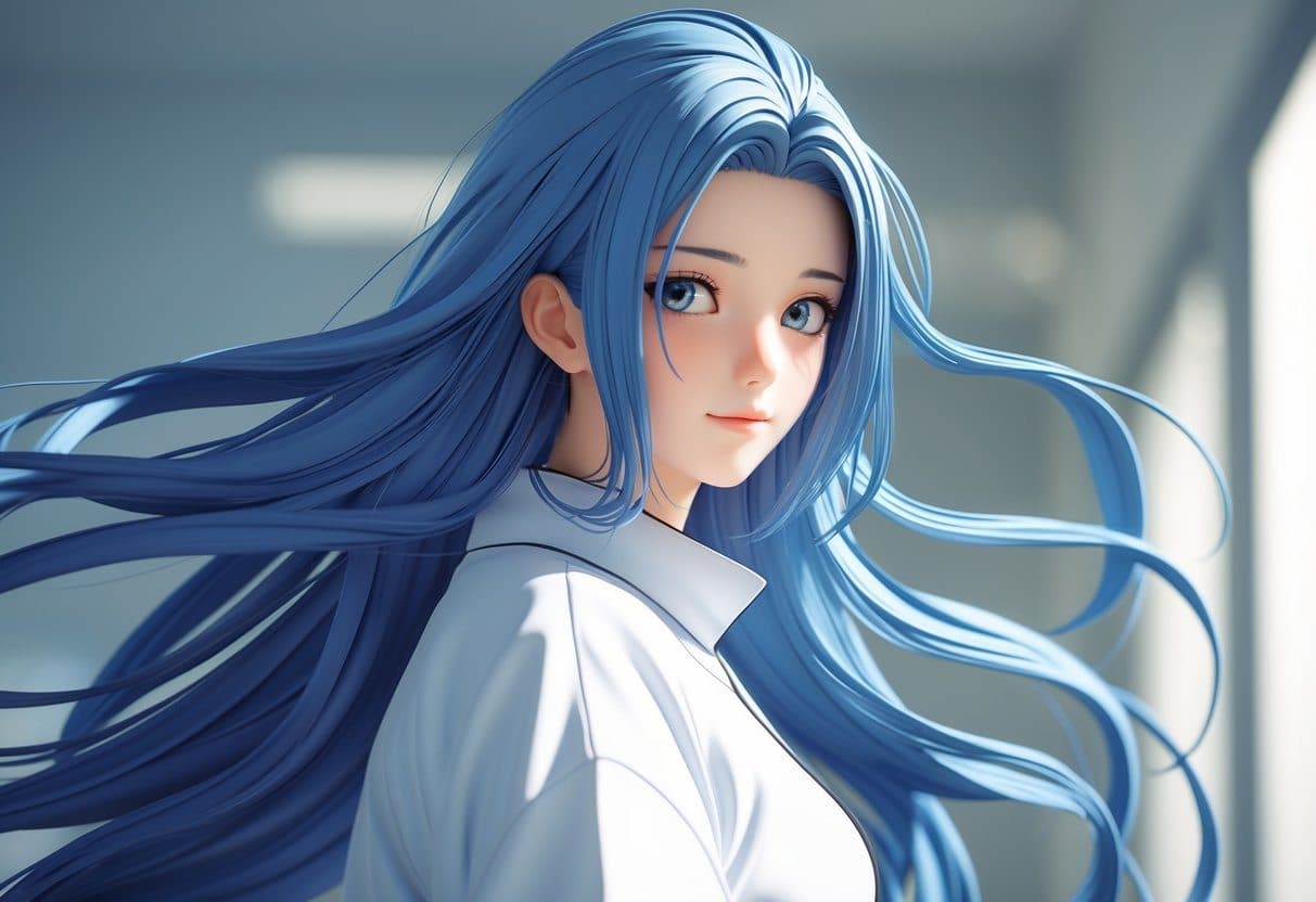 Personagem de anime com cabelo longo e expressão calma, em fundo neutro desfocado.