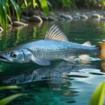 Um peixe pirarucu grande nadando em água clara de rio com plantas aquáticas ao redor.