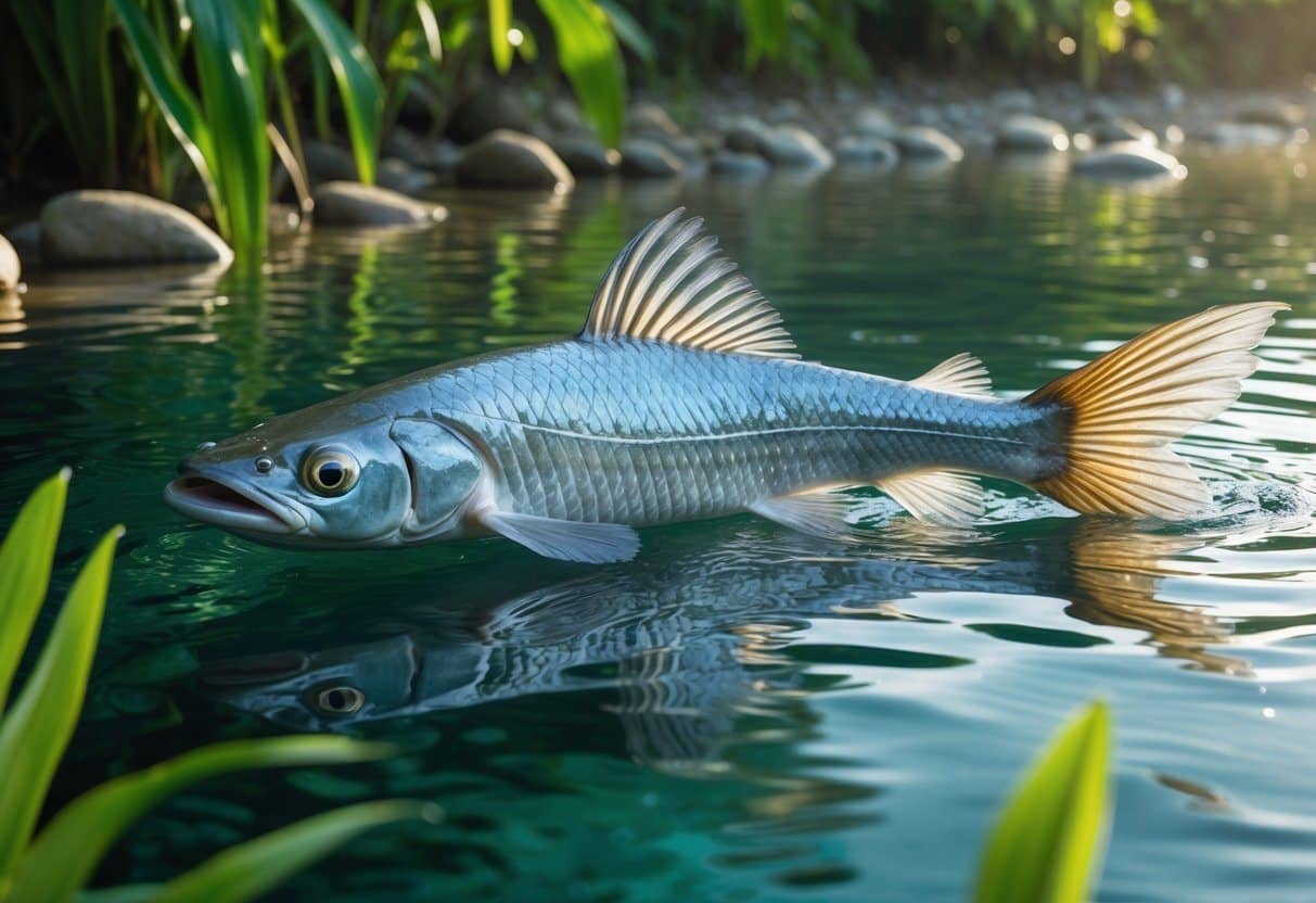 Um peixe pirarucu grande nadando em água clara de rio com plantas aquáticas ao redor.