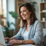 Mulher sorridente sentada em uma mesa de escritório em casa, olhando para um laptop em um ambiente aconchegante.