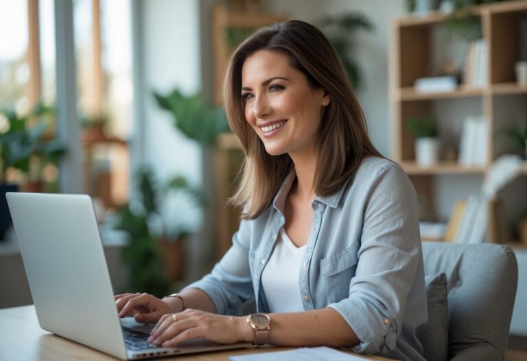 Mulher sorridente sentada em uma mesa de escritório em casa, olhando para um laptop em um ambiente aconchegante.