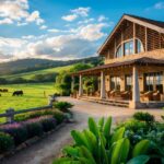 Hotel fazenda rústico rodeado por pastagens verdes e colinas próximas a Uberlândia, com céu azul e nuvens, jardins floridos e gado pastando ao fundo.