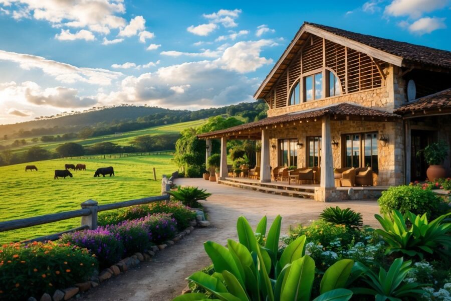 Hotel fazenda rústico rodeado por pastagens verdes e colinas próximas a Uberlândia, com céu azul e nuvens, jardins floridos e gado pastando ao fundo.