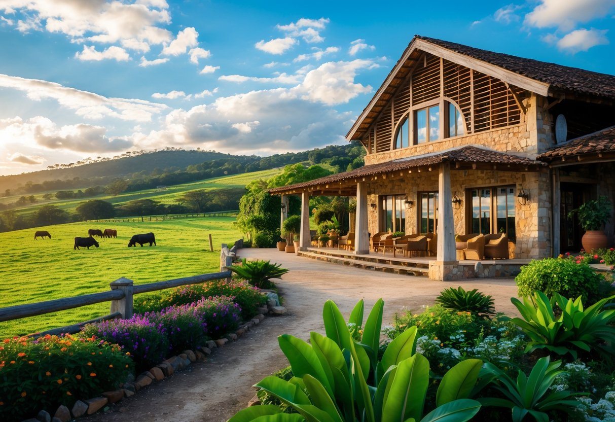 Hotel fazenda rústico rodeado por pastagens verdes e colinas próximas a Uberlândia, com céu azul e nuvens, jardins floridos e gado pastando ao fundo.