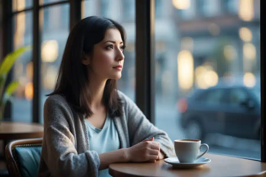 Mulher jovem pensativa sentada sozinha em uma cafeteria, olhando pela janela com expressão contemplativa.