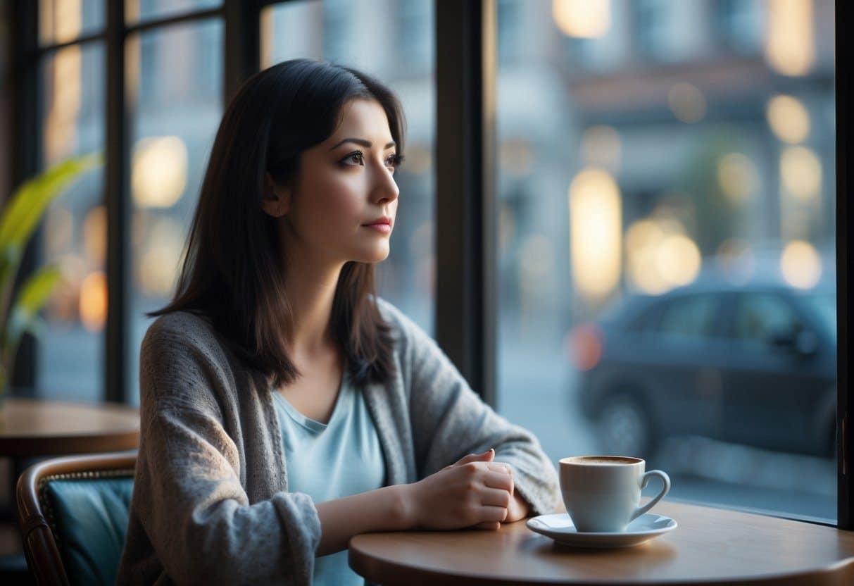 Mulher jovem pensativa sentada sozinha em uma cafeteria, olhando pela janela com expressão contemplativa.