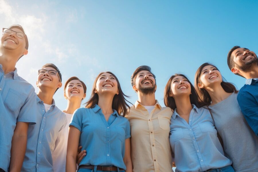 Grupo diversificado de pessoas sorrindo e olhando para cima ao ar livre em um dia ensolarado.