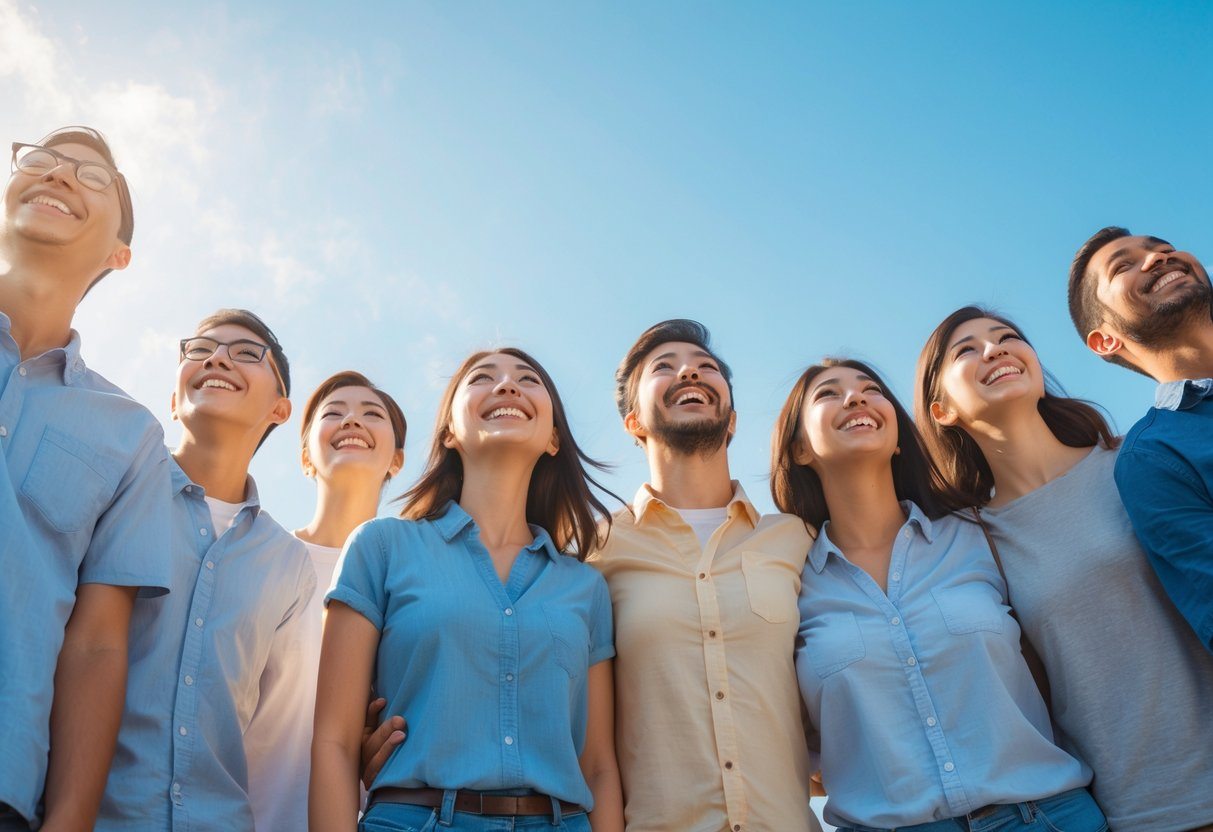 Grupo diversificado de pessoas sorrindo e olhando para cima ao ar livre em um dia ensolarado.