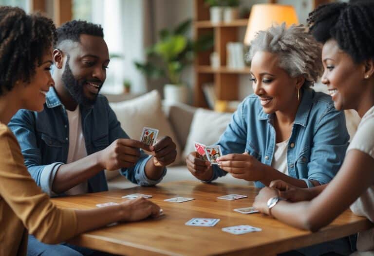 Pessoas jogando cartas em uma mesa, discutindo durante o jogo.