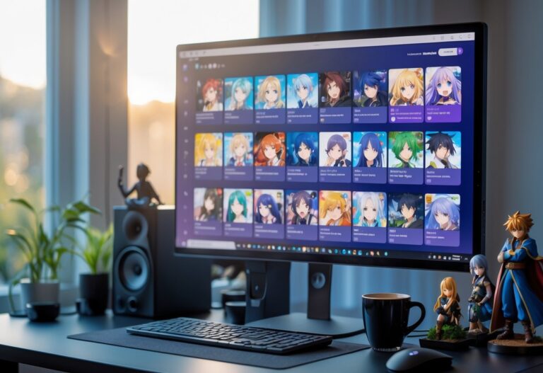Área de trabalho moderna com computador mostrando interface de série de anime e figuras de ação ao redor.