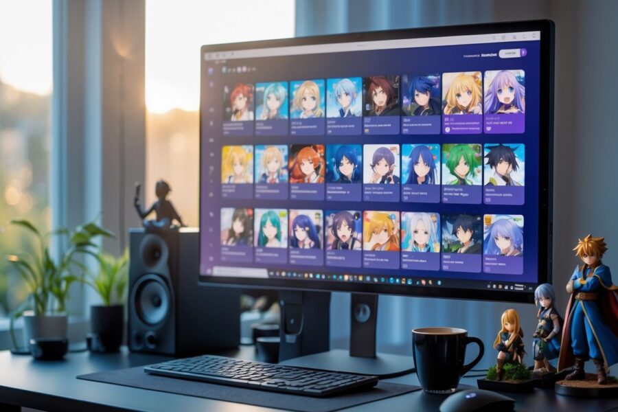 Área de trabalho moderna com computador mostrando interface de série de anime e figuras de ação ao redor.