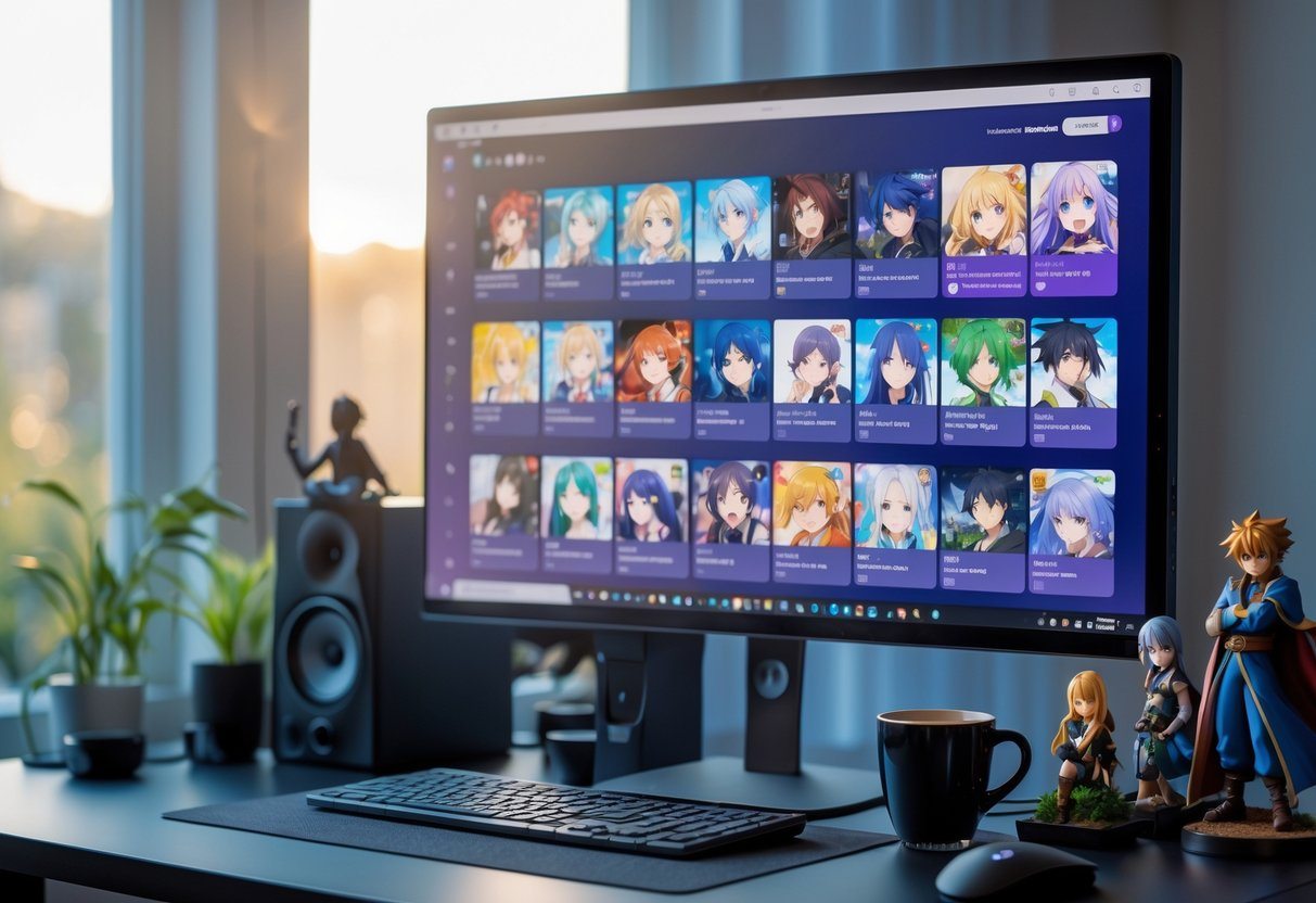 Área de trabalho moderna com computador mostrando interface de série de anime e figuras de ação ao redor.