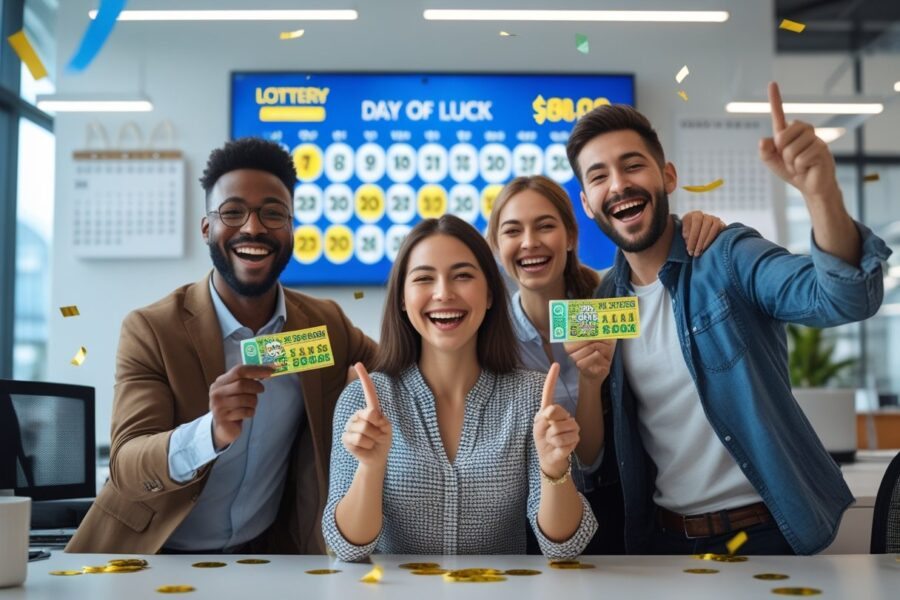 Pessoas comemorando a vitória em uma loteria em um escritório moderno, com bilhetes na mão e números de sorte exibidos em uma tela digital.
