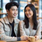 Um jovem homem e uma mulher sentados juntos em um café moderno, conversando de forma amigável.
