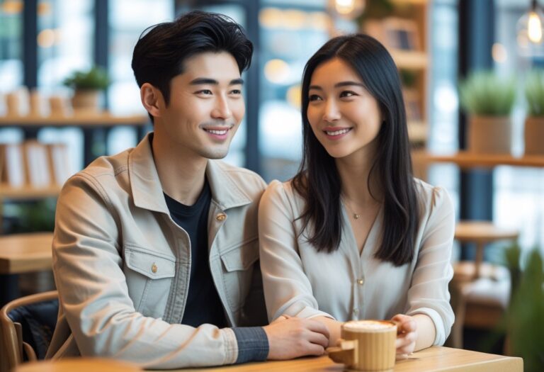 Um jovem homem e uma mulher sentados juntos em um café moderno, conversando de forma amigável.