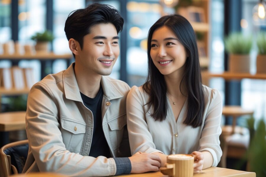Um jovem homem e uma mulher sentados juntos em um café moderno, conversando de forma amigável.