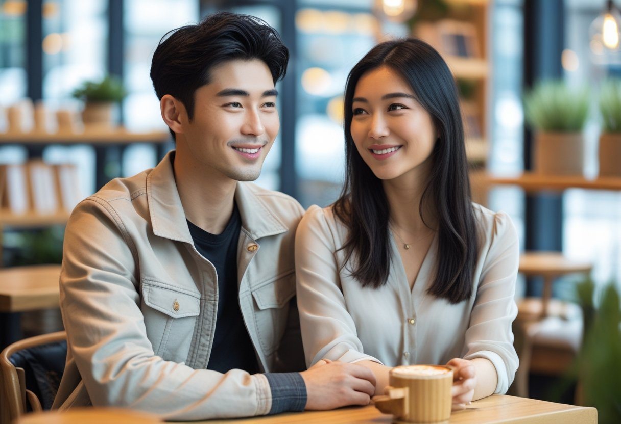 Um jovem homem e uma mulher sentados juntos em um café moderno, conversando de forma amigável.