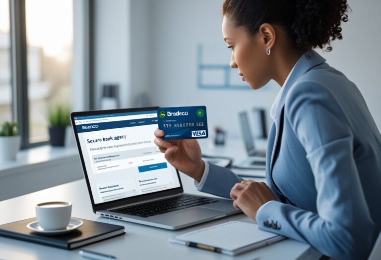 Pessoa sentada em uma mesa de escritório moderna, usando um laptop e segurando um cartão de CPF brasileiro.