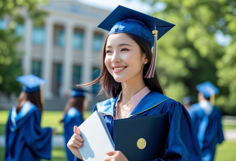 Jovem mulher sorrindo com beca e capelo de formatura, segurando um diploma ao ar livre em frente a um prédio universitário.