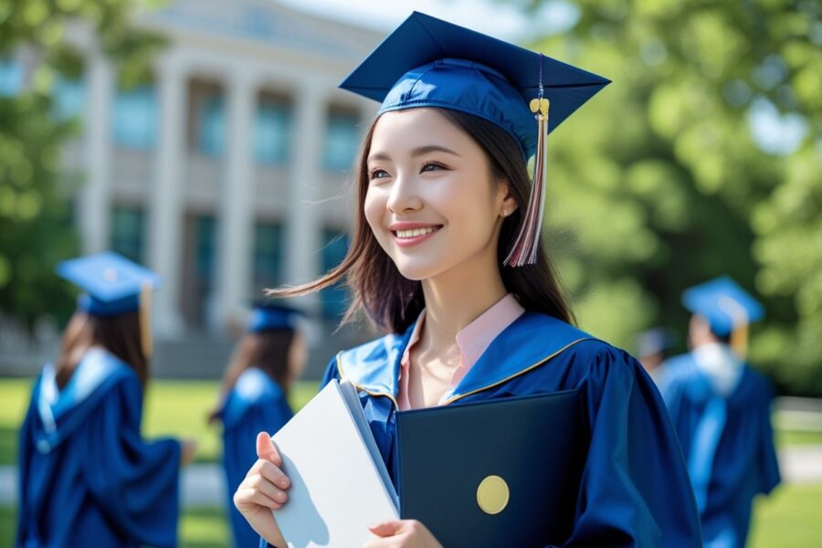 Jovem mulher sorrindo com beca e capelo de formatura, segurando um diploma ao ar livre em frente a um prédio universitário.
