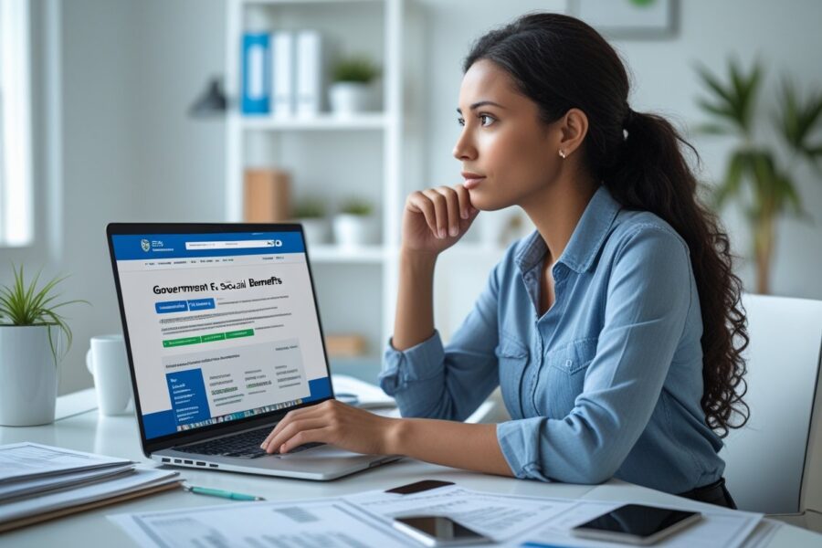 Mulher jovem sentada em uma mesa de escritório em casa, olhando para um laptop com documentos ao redor, demonstrando atenção e espera relacionada a benefícios sociais.