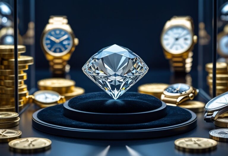 Uma joia de diamante grande e brilhante exibida em uma almofada preta dentro de uma vitrine, cercada por barras de ouro e relógios de luxo desfocados ao fundo.