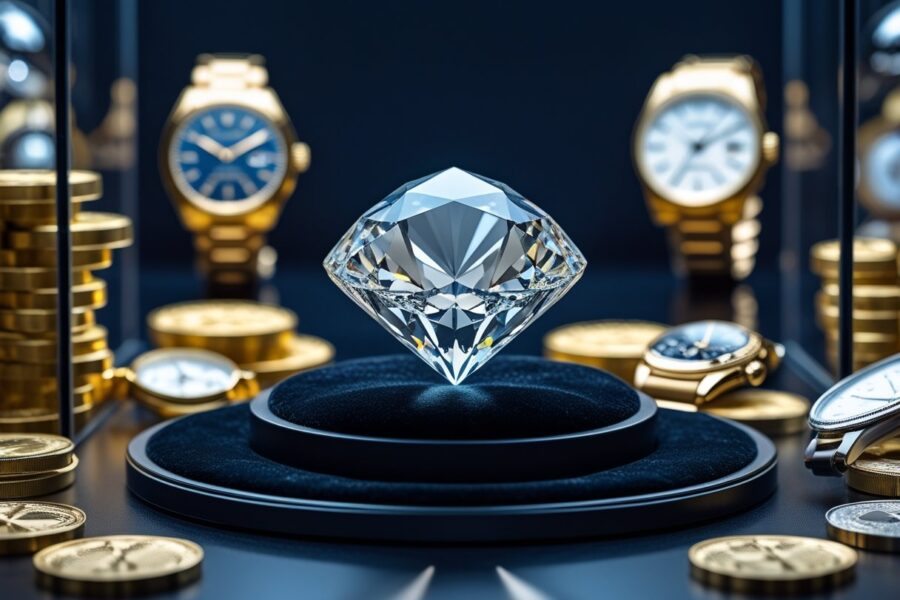 Uma joia de diamante grande e brilhante exibida em uma almofada preta dentro de uma vitrine, cercada por barras de ouro e relógios de luxo desfocados ao fundo.