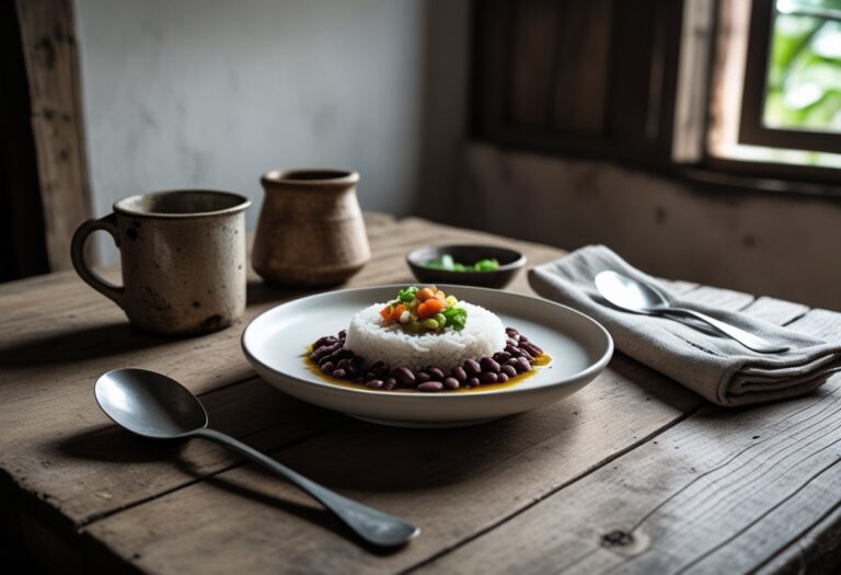 Mesa rústica com prato simples de arroz e feijão, xícara e talheres em uma cozinha modesta com luz natural.