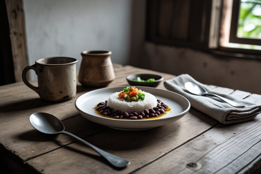 Mesa rústica com prato simples de arroz e feijão, xícara e talheres em uma cozinha modesta com luz natural.