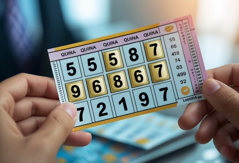 Mão segurando um bilhete de loteria com sete números destacados, representando uma combinação vencedora.