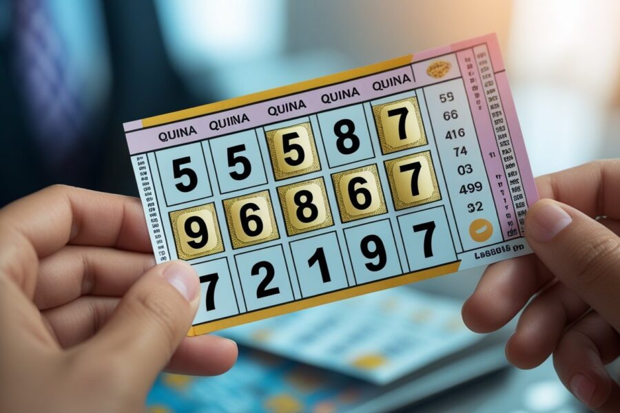 Mão segurando um bilhete de loteria com sete números destacados, representando uma combinação vencedora.