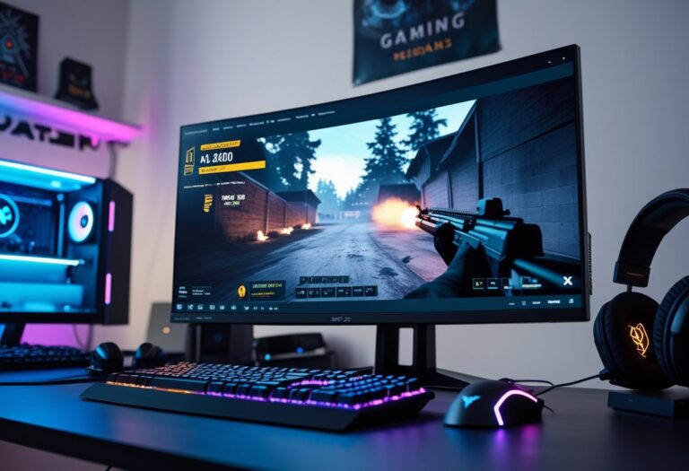 Setup de jogo moderno com monitor mostrando uma cena de jogo de tiro em primeira pessoa e contador de FPS visível na tela, teclado e mouse para jogos em uma sala bem iluminada.