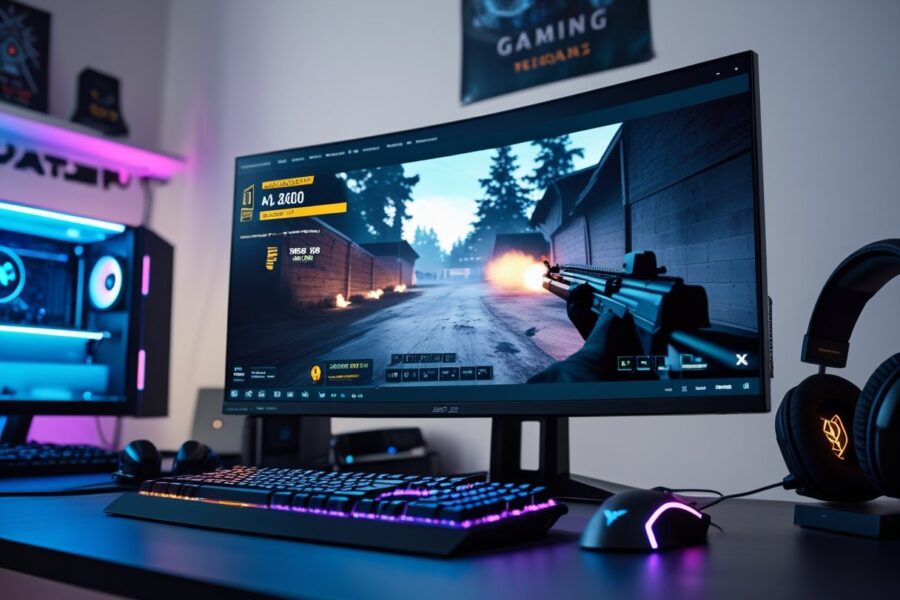 Setup de jogo moderno com monitor mostrando uma cena de jogo de tiro em primeira pessoa e contador de FPS visível na tela, teclado e mouse para jogos em uma sala bem iluminada.