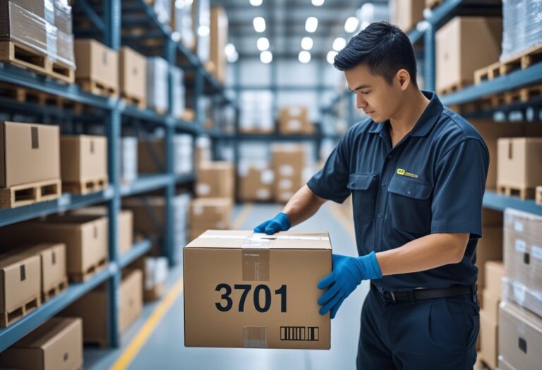 Funcionário manuseando uma caixa em um ambiente organizado de depósito ou logística.