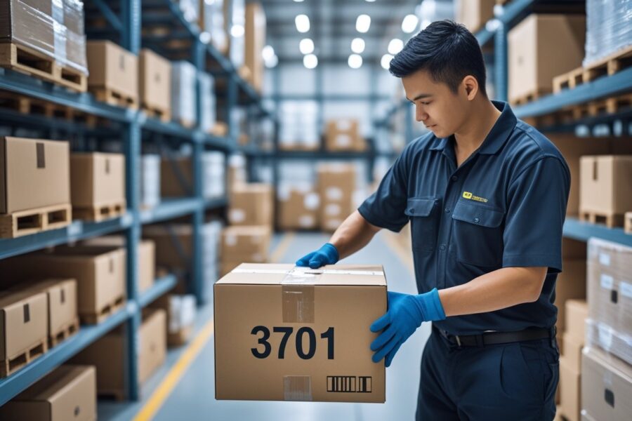 Funcionário manuseando uma caixa em um ambiente organizado de depósito ou logística.