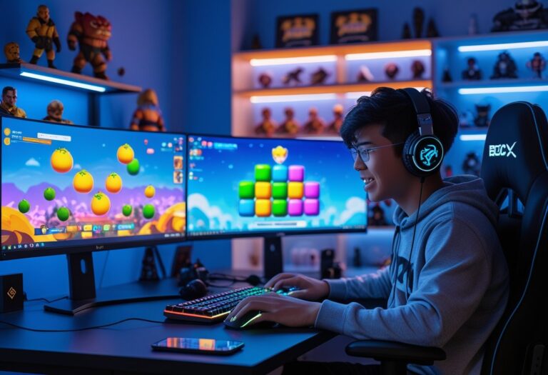 Um jovem jogando em um computador com vários monitores mostrando gráficos coloridos de um jogo, em um ambiente moderno com acessórios de videogame ao redor.