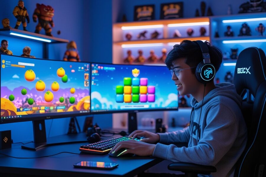 Um jovem jogando em um computador com vários monitores mostrando gráficos coloridos de um jogo, em um ambiente moderno com acessórios de videogame ao redor.