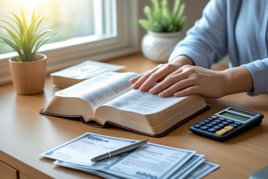 Mãos segurando uma Bíblia aberta sobre uma mesa com contas pagas e uma calculadora, em um ambiente iluminado e tranquilo.