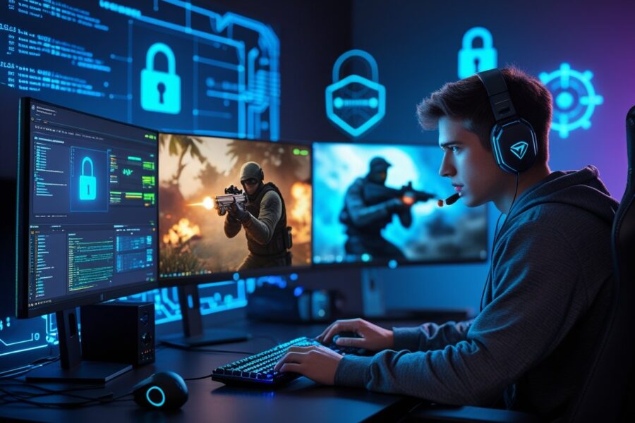 Pessoa jovem usando computador com monitores mostrando gráficos de segurança digital e jogo Valorant, em ambiente com iluminação azul e roxa.