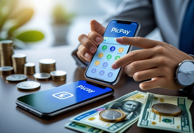 Pessoa usando um smartphone ao lado de dinheiro em uma mesa, representando finanças e investimentos.