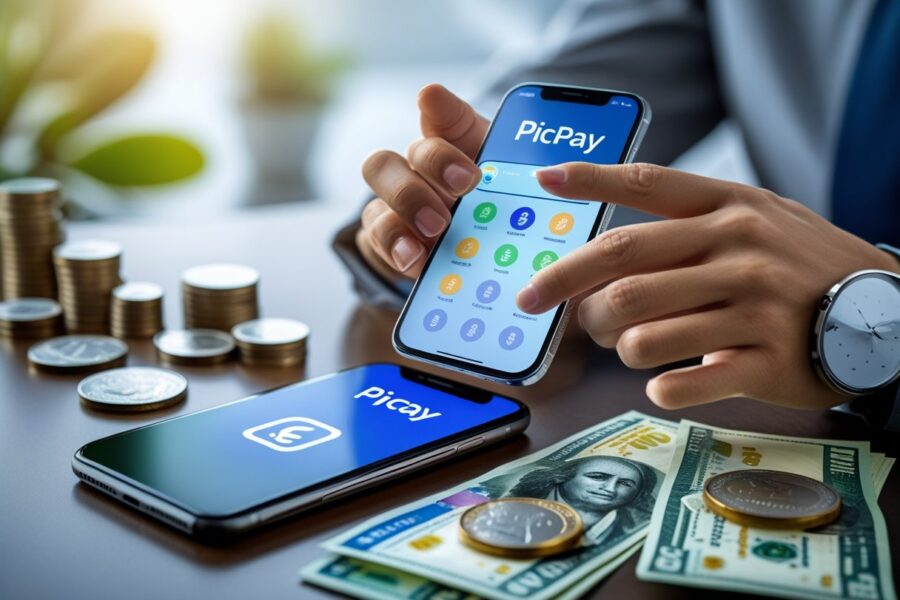 Pessoa usando um smartphone ao lado de dinheiro em uma mesa, representando finanças e investimentos.