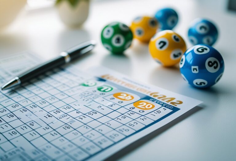 Bilhete de loteria com dois números marcados, caneta e bolas de loteria sobre uma mesa.