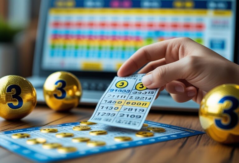 Mão segurando um bilhete de loteria com três bolas de loteria douradas mostrando o número 3 sobre uma mesa de madeira, com um laptop ao fundo exibindo resultados de loteria.