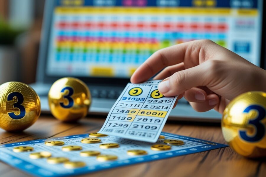 Mão segurando um bilhete de loteria com três bolas de loteria douradas mostrando o número 3 sobre uma mesa de madeira, com um laptop ao fundo exibindo resultados de loteria.