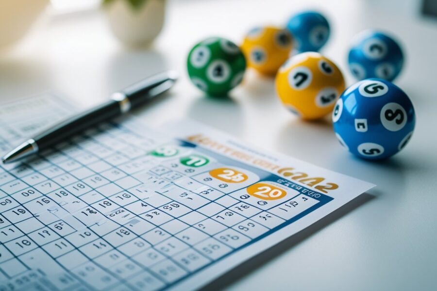 Bilhete de loteria com dois números marcados, caneta e bolas de loteria sobre uma mesa.