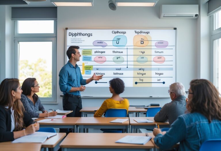 Sala de aula moderna com professor explicando conceitos de língua portuguesa para alunos atentos.