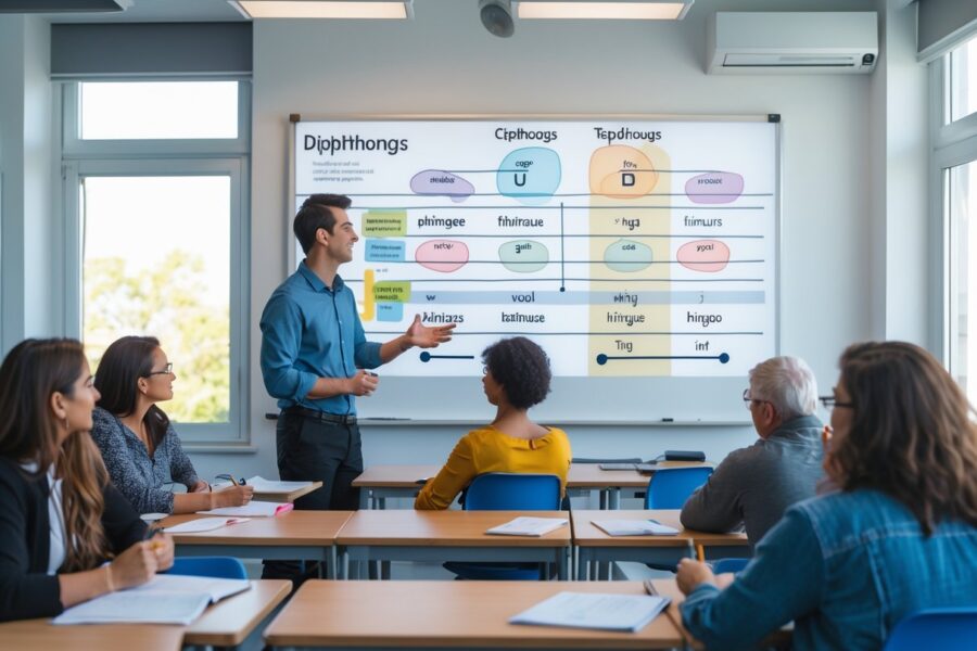 Sala de aula moderna com professor explicando conceitos de língua portuguesa para alunos atentos.